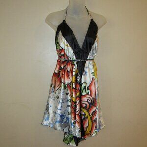 Y2K Elan Shiny Satin Tattoo Love Heart Print Halter Mini Dress OS Lovecore Punk